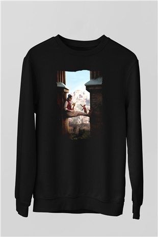 Unisex Aladdin Baskılı Siyah Sweatshirt