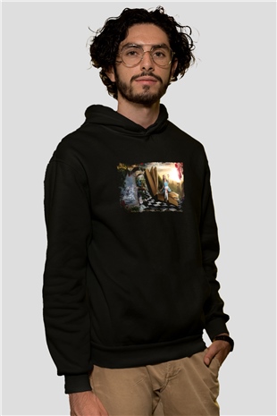 Unisex Alis Harikalar Diyarında Baskılı Siyah Kapüşonlu Sweatshirt