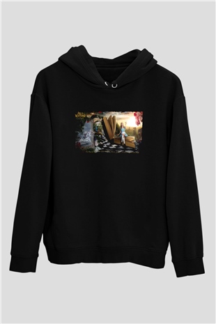 Unisex Alis Harikalar Diyarında Baskılı Siyah Kapüşonlu Sweatshirt