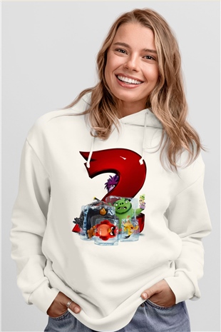 Unisex Angry Birds Baskılı Beyaz Kapüşonlu Sweatshirt