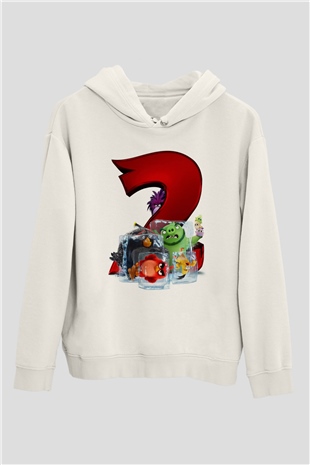 Unisex Angry Birds Baskılı Beyaz Kapüşonlu Sweatshirt