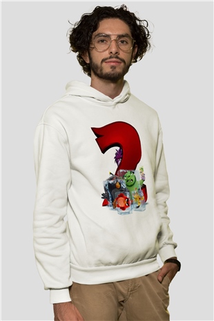 Unisex Angry Birds Baskılı Beyaz Kapüşonlu Sweatshirt