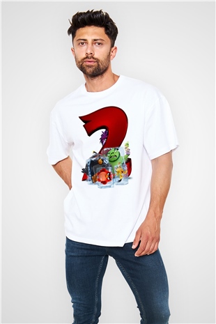 Unisex Angry Birds Baskılı Beyaz Oversize Oversize T-shirt