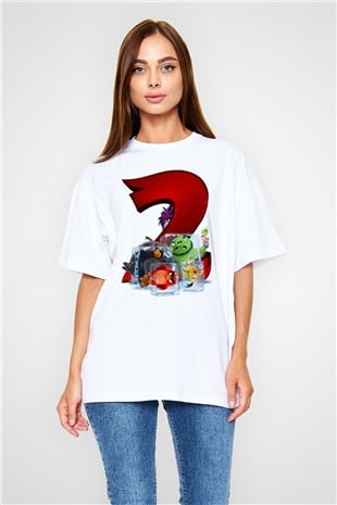 Unisex Angry Birds Baskılı Beyaz Oversize Oversize T-shirt