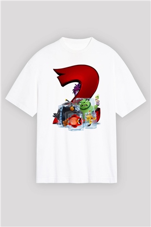 Unisex Angry Birds Baskılı Beyaz Oversize Oversize T-shirt