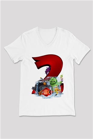 Unisex Angry Birds Baskılı Beyaz V Yaka Tshirt