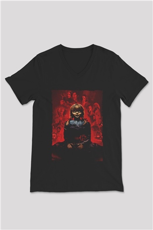 Unisex Annabelle 3 Baskılı Siyah V Yaka Tişört