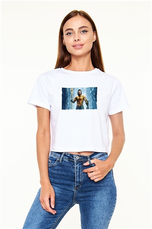 Unisex Aquaman Baskılı Beyaz Crop Top Tişört