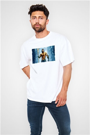 Unisex Aquaman Baskılı Beyaz Oversize Tişört