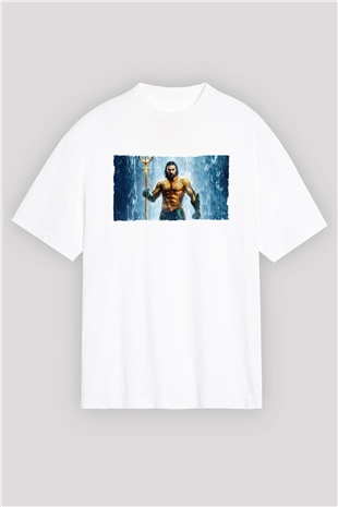 Unisex Aquaman Baskılı Beyaz Oversize Tişört