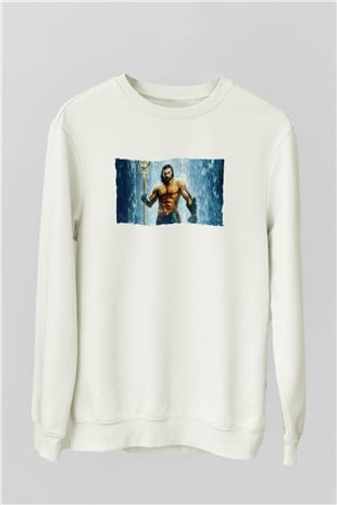 Unisex Aquaman Baskılı Beyaz Sweatshirt