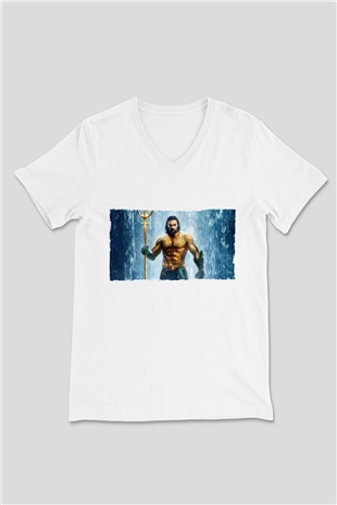 Unisex Aquaman Baskılı Beyaz V Yaka Tişört