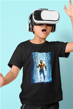 Unisex Aquaman Baskılı Siyah Çocuk T-shirt