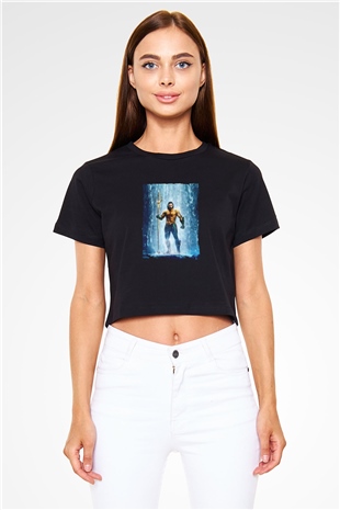 Unisex Aquaman Baskılı Siyah Crop Top T-shirt