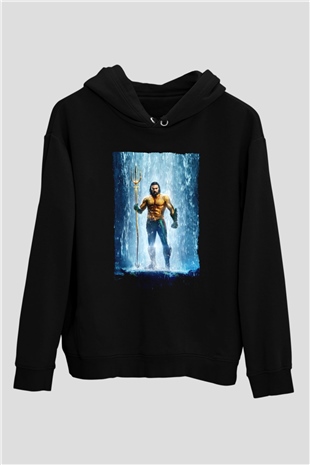 Unisex Aquaman Baskılı Siyah Kapüşonlu Sweatshirt