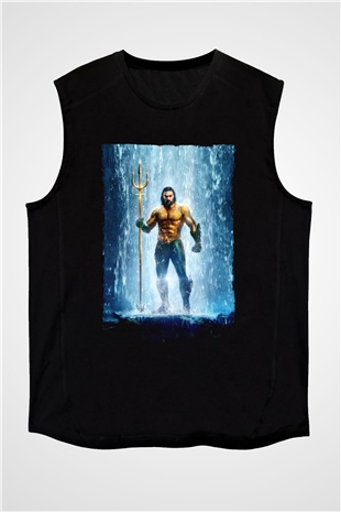 Unisex Aquaman Baskılı Siyah Kolsuz T-shirt