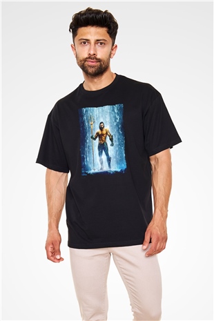 Unisex Aquaman Baskılı Siyah Oversize T-shirt