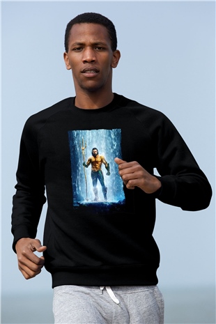 Unisex Aquaman Baskılı Siyah Sweatshirt