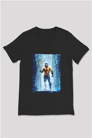 Unisex Aquaman Baskılı Siyah V Yaka T-shirt
