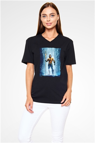 Unisex Aquaman Baskılı Siyah V Yaka T-shirt