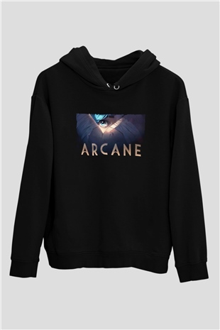 Unisex Arcane Baskılı Siyah Kapüşonlu Sweatshirt