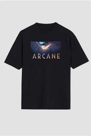 Unisex Arcane Baskılı Siyah Oversize Tshirt