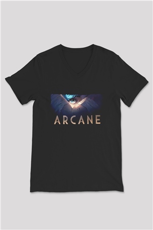 Unisex Arcane Baskılı Siyah V Yaka Tshirt