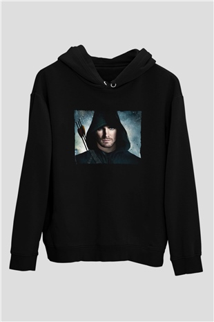 Unisex Arrow Baskılı Siyah Kapüşonlu Sweatshirt