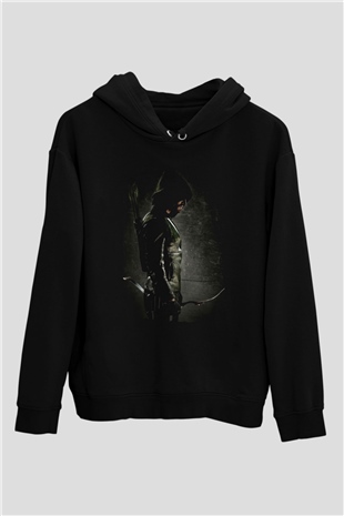 Unisex Arrow Baskılı Siyah Kapüşonlu Sweatshirt