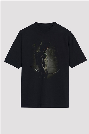 Unisex Arrow Baskılı Siyah Oversize Tshirt