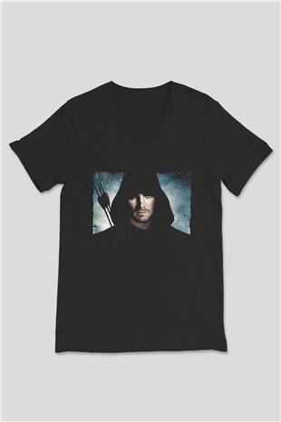 Unisex Arrow Baskılı Siyah V Yaka T-shirt