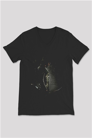 Unisex Arrow Baskılı Siyah V Yaka Tshirt