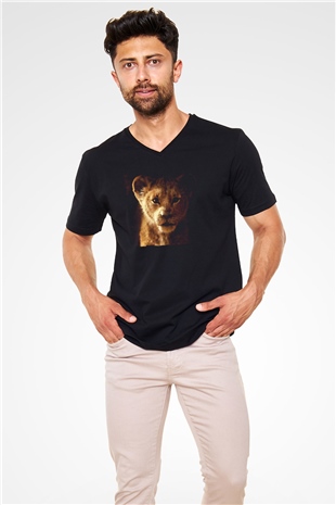 Unisex Aslan Kral (The Lion King) Baskılı Siyah V Yaka T-shirt
