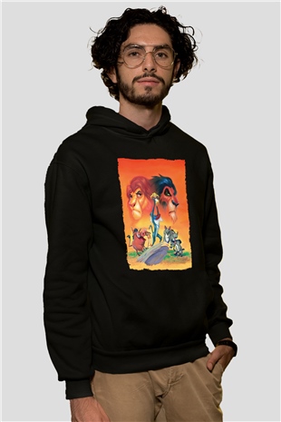 Unisex Aslan Kral (The Lion King) Baskılı Siyah Kapüşonlu Sweatshirt