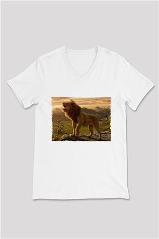 Unisex Aslan Kral (The Lion King) Baskılı Beyaz V Yaka T-shirt