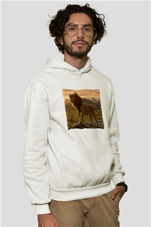 Unisex Aslan Kral (The Lion King) Baskılı Beyaz Kapüşonlu Sweatshirt