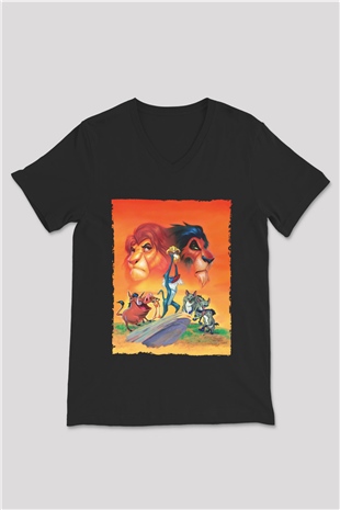 Unisex Aslan Kral (The Lion King) Baskılı Siyah V Yaka Tshirt