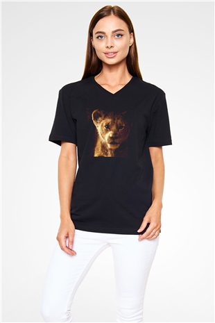 Unisex Aslan Kral (The Lion King) Baskılı Siyah V Yaka T-shirt