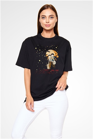 Unisex Ateşböceklerinin Mezarı (Grave of the Fireflies) Baskılı Siyah Oversize T-shirt