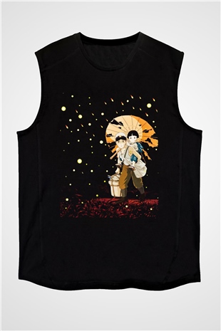 Unisex Ateşböceklerinin Mezarı (Grave of the Fireflies) Baskılı Siyah Kolsuz T-shirt