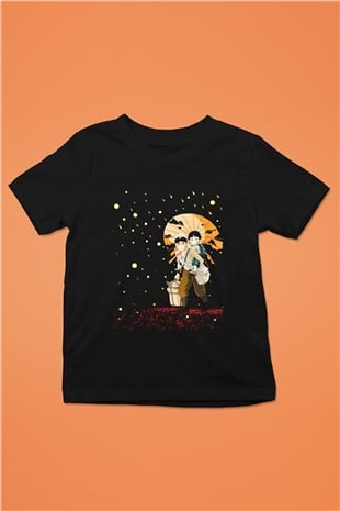 Unisex Ateşböceklerinin Mezarı (Grave of the Fireflies) Baskılı Siyah Çocuk T-shirt