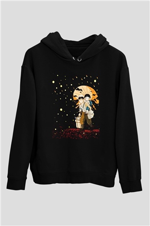Unisex Ateşböceklerinin Mezarı (Grave of the Fireflies) Baskılı Siyah Kapüşonlu Sweatshirt