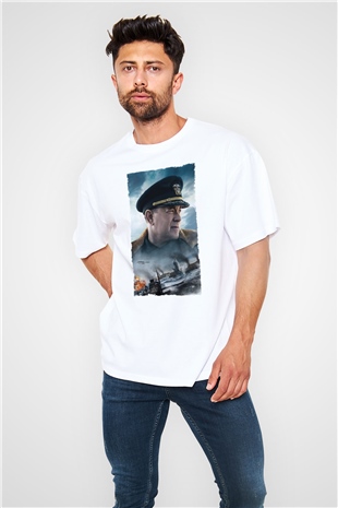 Unisex Atlantik Savaşı (Greyhound) Baskılı Beyaz Oversize Tişört