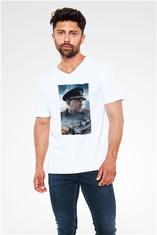 Unisex Atlantik Savaşı (Greyhound) Baskılı Beyaz V Yaka Tişört