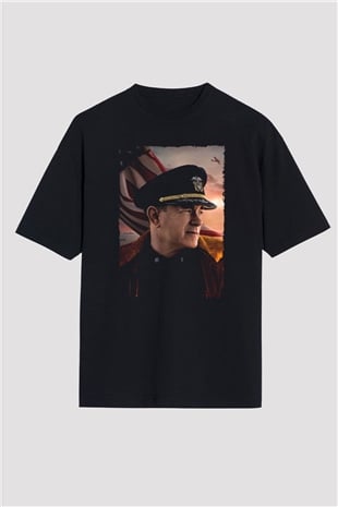 Unisex Atlantik Savaşı (Greyhound) Baskılı Siyah Oversize Tshirt