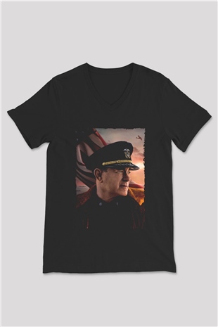 Unisex Atlantik Savaşı (Greyhound) Baskılı Siyah V Yaka Tshirt
