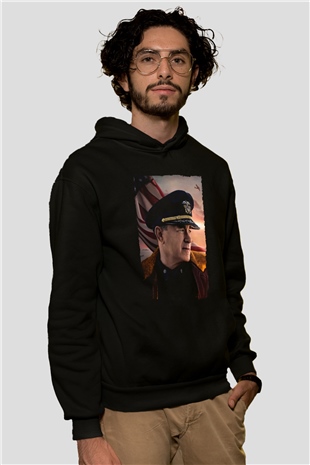 Unisex Atlantik Savaşı (Greyhound) Baskılı Siyah Kapüşonlu Sweatshirt