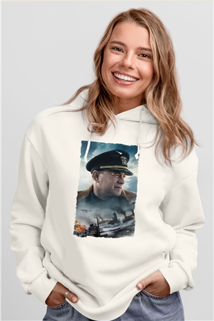 Unisex Atlantik Savaşı (Greyhound) Baskılı Beyaz Kapüşonlu Sweatshirt