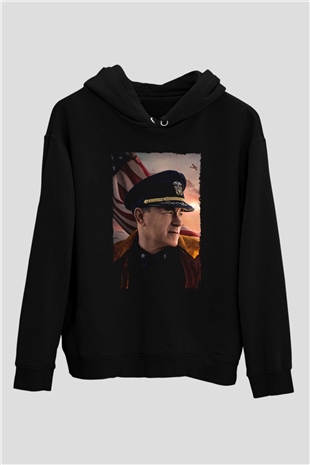 Unisex Atlantik Savaşı (Greyhound) Baskılı Siyah Kapüşonlu Sweatshirt