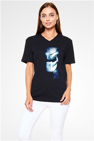 Unisex Av (Predator) Baskılı Siyah V Yaka Tshirt
